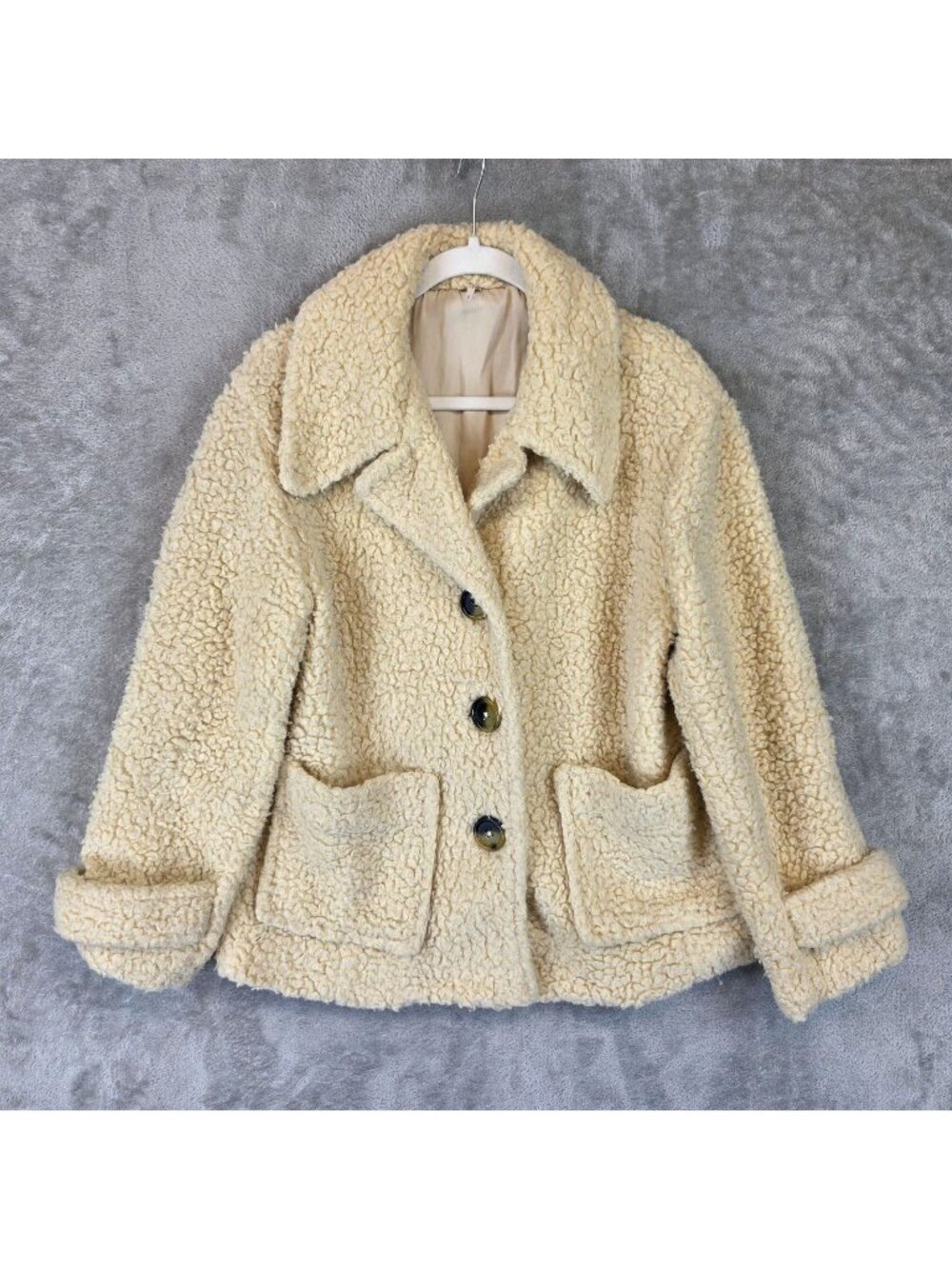 Free People Jacket Womens M Cream Faux Shearling Button Front Pockets Short